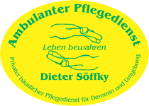 Das Logo des Pflegedienst Söffky aus Demmin ist ein gelbes Oval mit umlaufenden grünen Text Ambulanter Pflegedienst – Privater häuslicher Pflegedien für Demmin und Umgebung. Mitteig zwei Hände, die die Worte Leben bewahren beschützen. Darunter der Schriftzug Dieter Söffky.