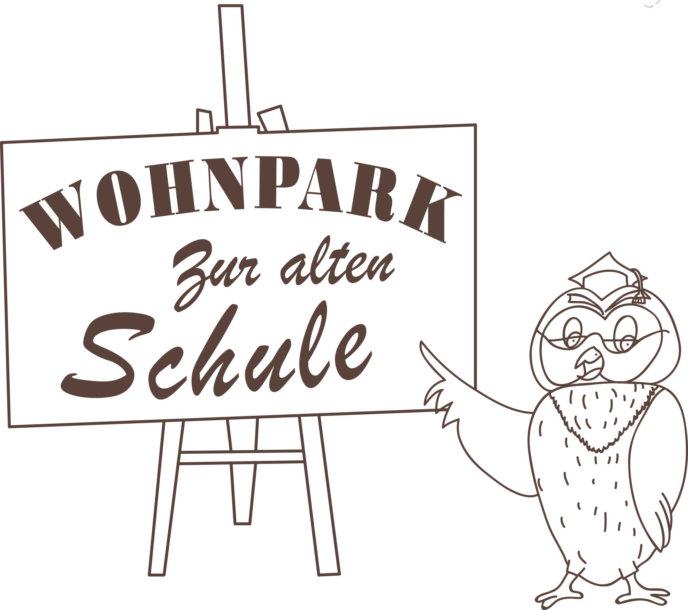 Das Logo des Wohnpark „Alte Schule“ zeigt eine Eule, die auf eine alte Schultafel zeigt. Auf der Schultafel steht Wohnpark zur alten Schule.